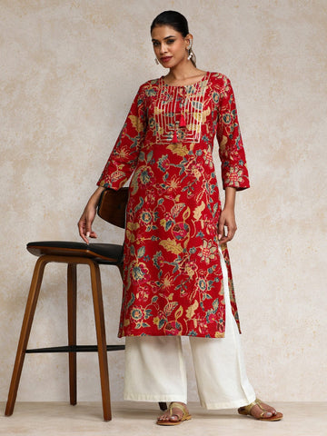 Varanga Women Bold Floral Printed With Lace gota patti Detailed Yoke Kurta